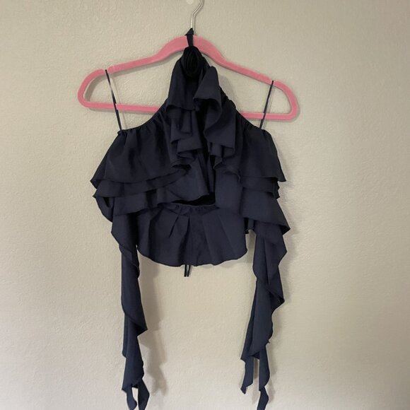 opt Cielo Top - Ruffle Crop Top w Rosette - Navy - Size M - Picture 4 of 4
